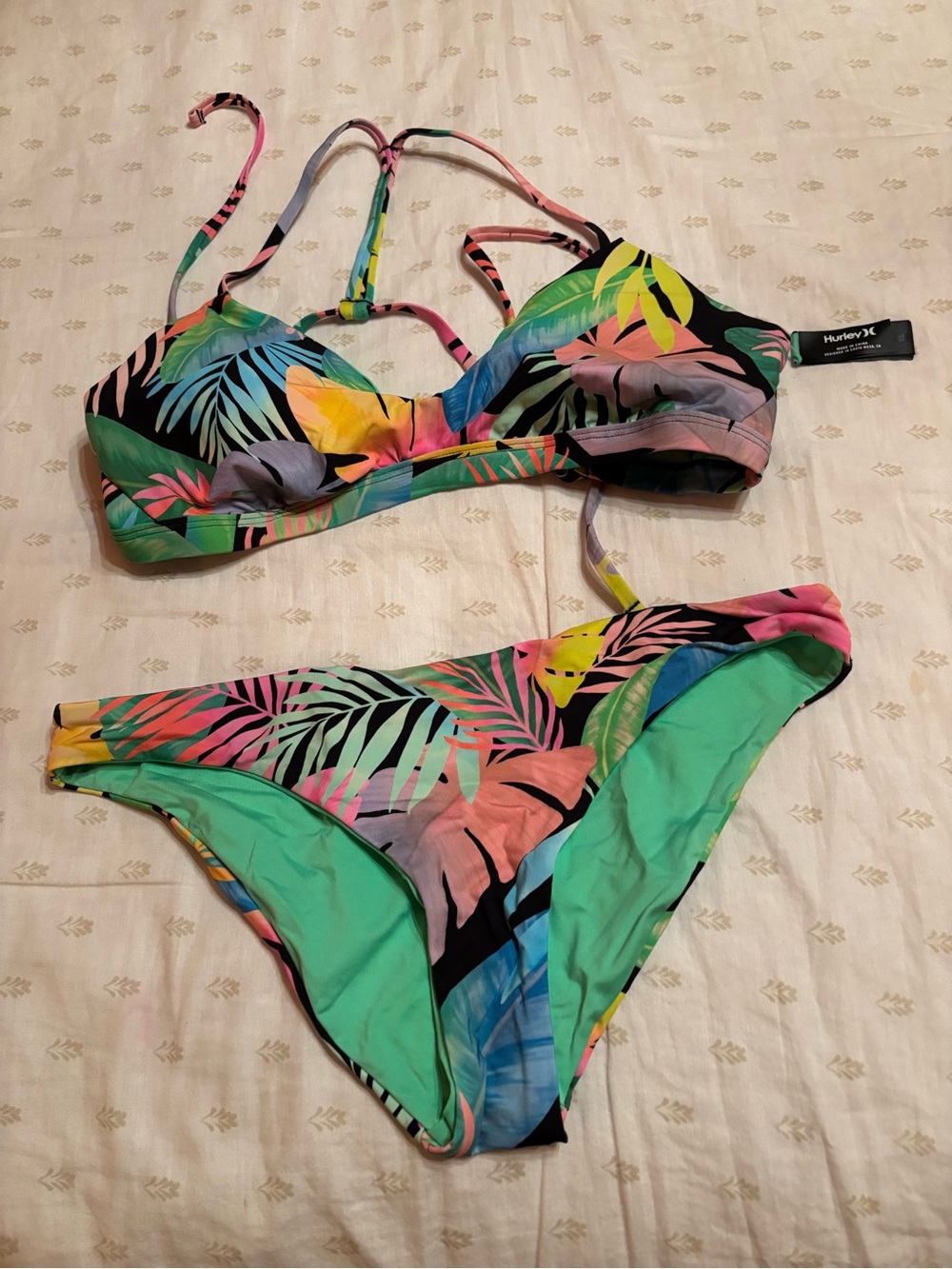 Hurley Tropical Leaf Print Bikini in Black, Green, Pink, Yellow